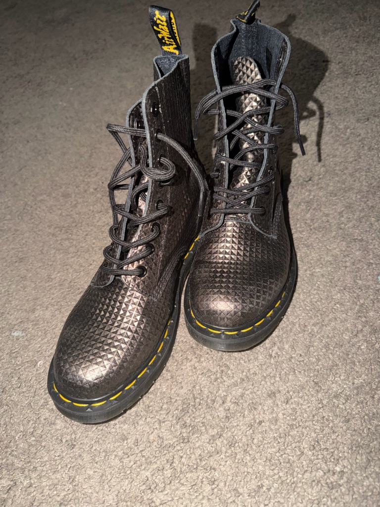 Pewter Doc Marten Lace-Up Combat Boots With Yellow Stitching Rare Color!